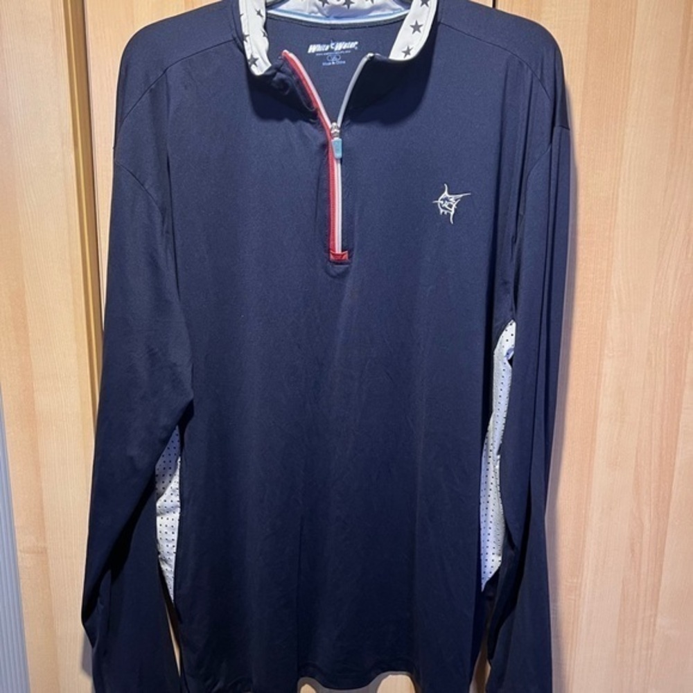 White Water American Flag Blue and White Long Sleeve Pullover with Star Accents